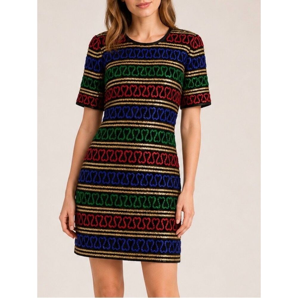 Jennifer Vintage Silk Multicolor Sequin Mini Dress Women’s Size L *Flaws*
